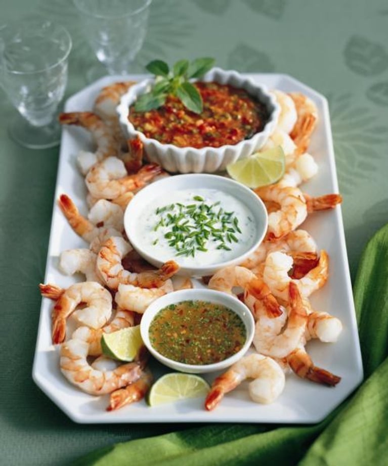 Crevettes et trio de sauces