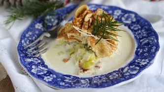 Crêpes aux poireaux et fondue au fromage